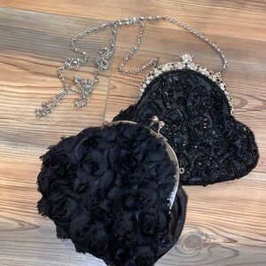 2 Evening Bags Vtg Inspired Rosette & Beaded Clutch With Interchangeable Strap
